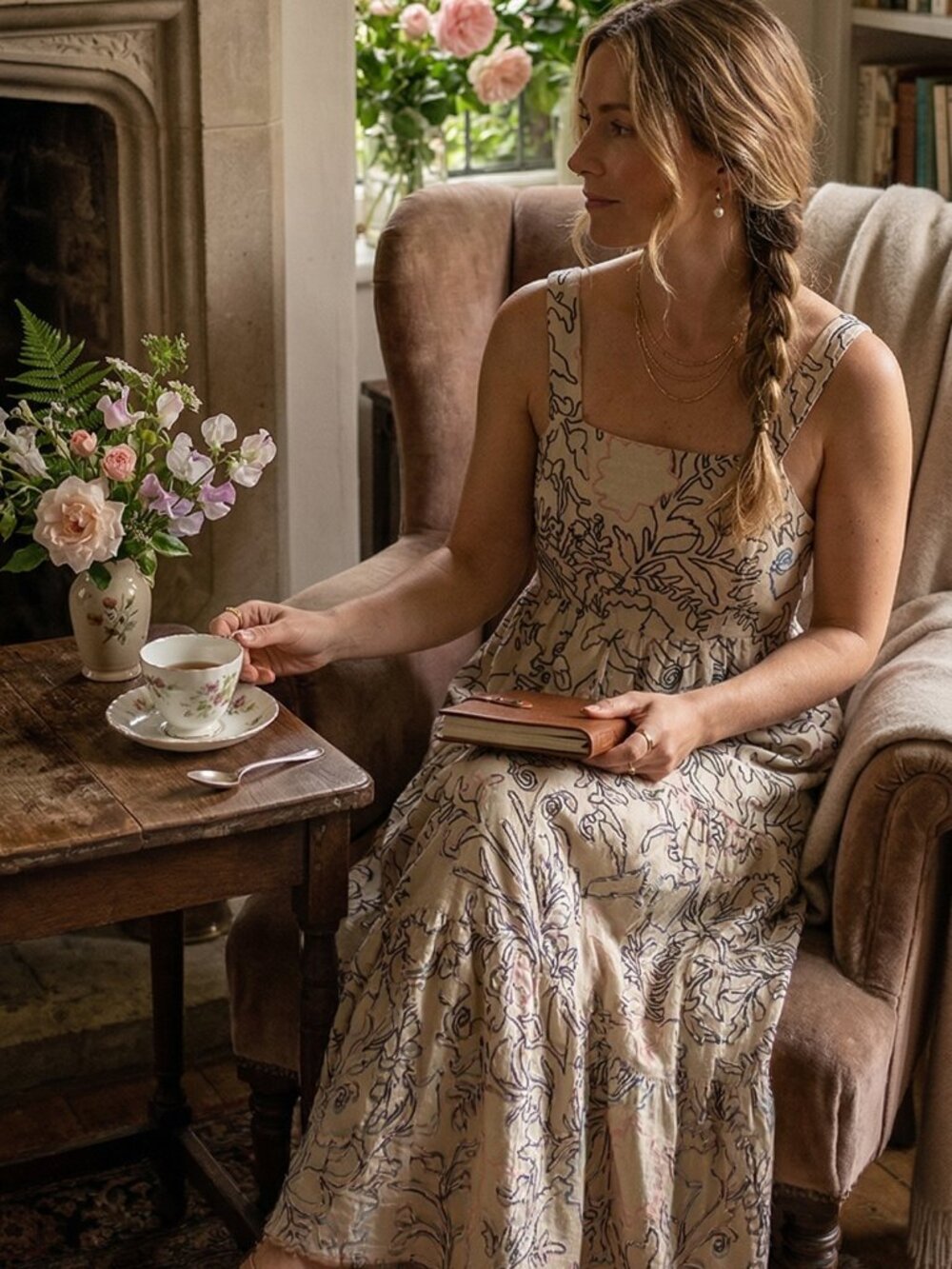 Knox Rose Beige Floral Maxi Dress Smocked Back Size S NWT